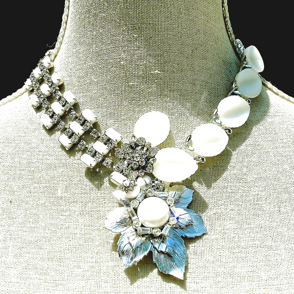 Statement Necklace Vintage Milk Glass/Rhinestones